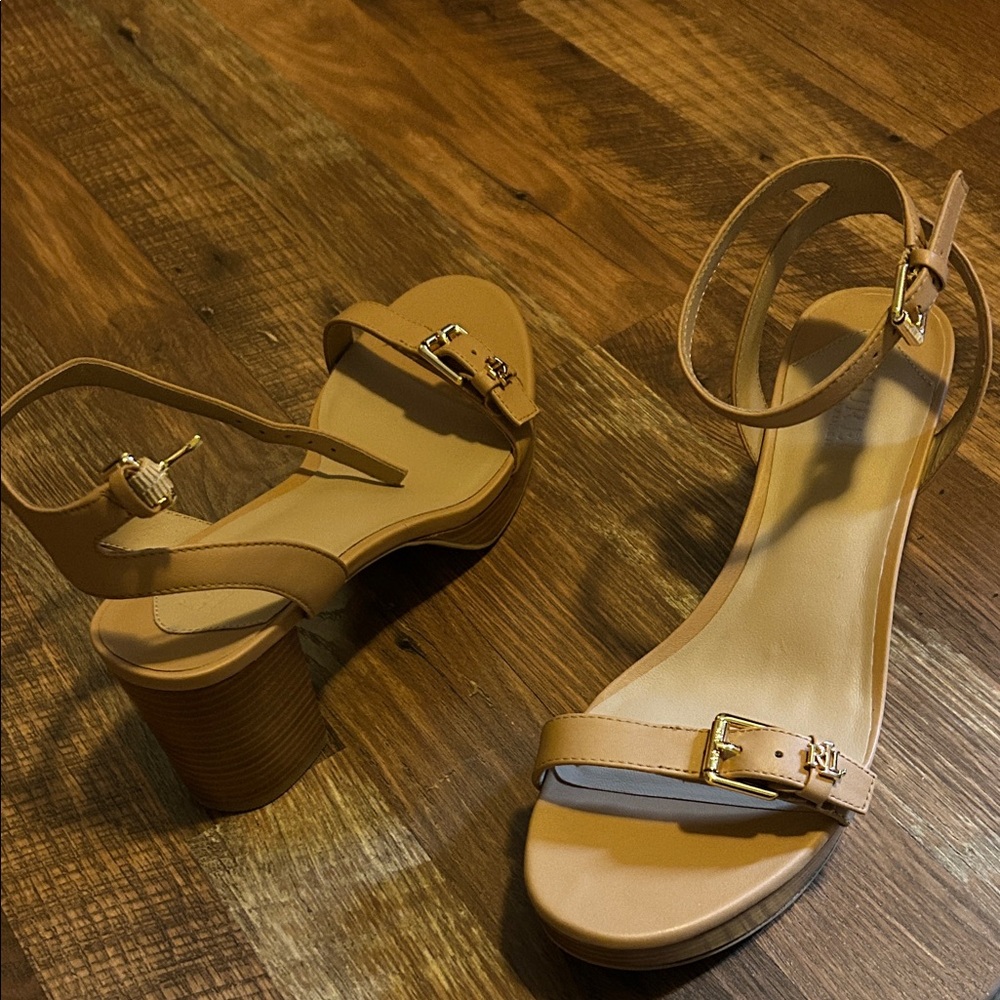 New Ralph Lauren Tan Ankle-Strap Block Heel Sandals